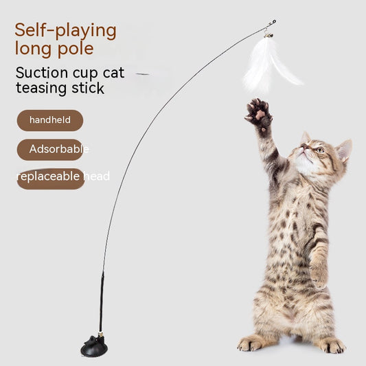 PetCarePlusShop®|Cat Teaser Toy with Steel Wire, Long Brush Holder, Feather Replacement, and Bell