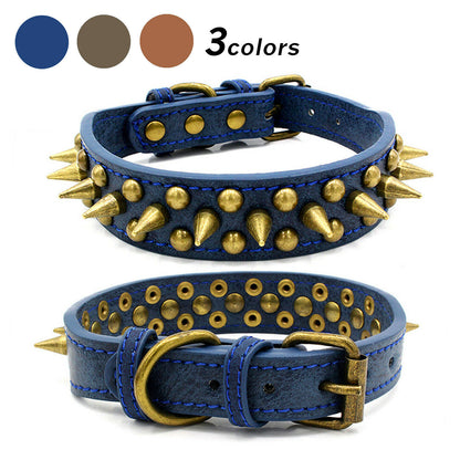 PetCarePlusShop®|Large Spiked Leather Dog Collar for Pit Bulls - Retro Studded Rivet Design