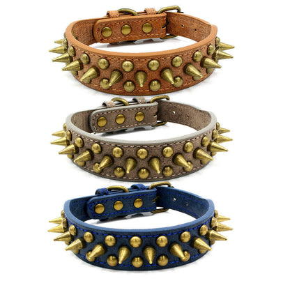 PetCarePlusShop®|Large Spiked Leather Dog Collar for Pit Bulls - Retro Studded Rivet Design