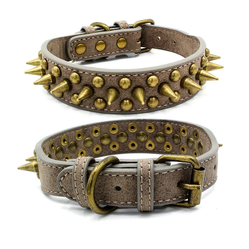 PetCarePlusShop®|Large Spiked Leather Dog Collar for Pit Bulls - Retro Studded Rivet Design