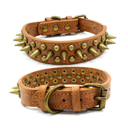 PetCarePlusShop®|Large Spiked Leather Dog Collar for Pit Bulls - Retro Studded Rivet Design