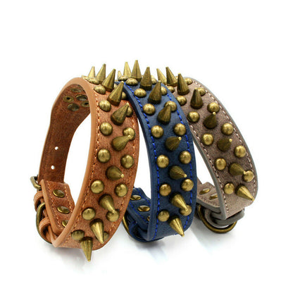 PetCarePlusShop®|Large Spiked Leather Dog Collar for Pit Bulls - Retro Studded Rivet Design